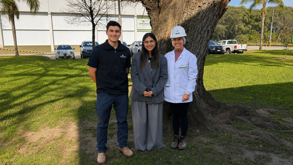 Santiago Figueroa, Responsable de Riego y Nutrición, Carla Valda, Analista de Comercial y Luciana Mamprin, Responsable de Cáscara en las oficinas de Citrusvil, Cevil Pozo, Tucumán